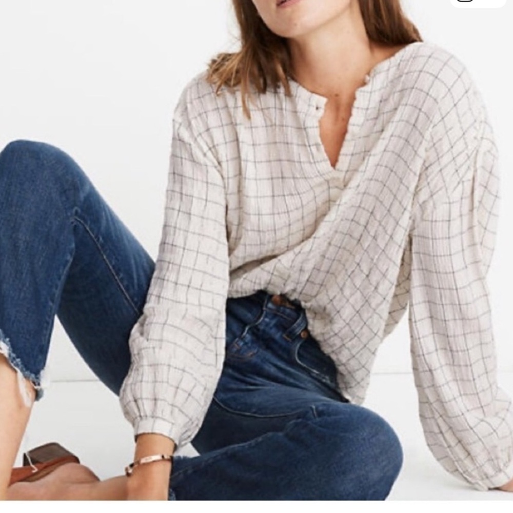 Madewell Windowpane Check White  and Black Top Women's Size S
